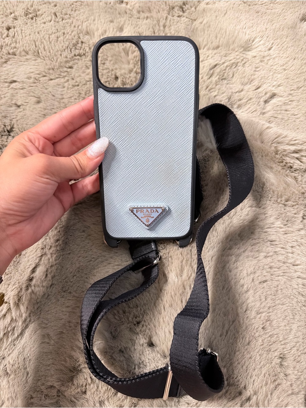 Prada Light Blue Saffiano Leather Crossbody Phone Case with Black Trim